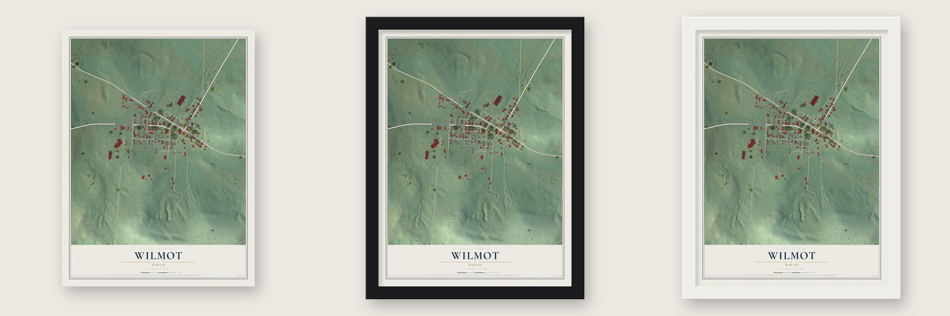 Wilmot, Ohio map unframed, in a black wood frame and in a white wood frame