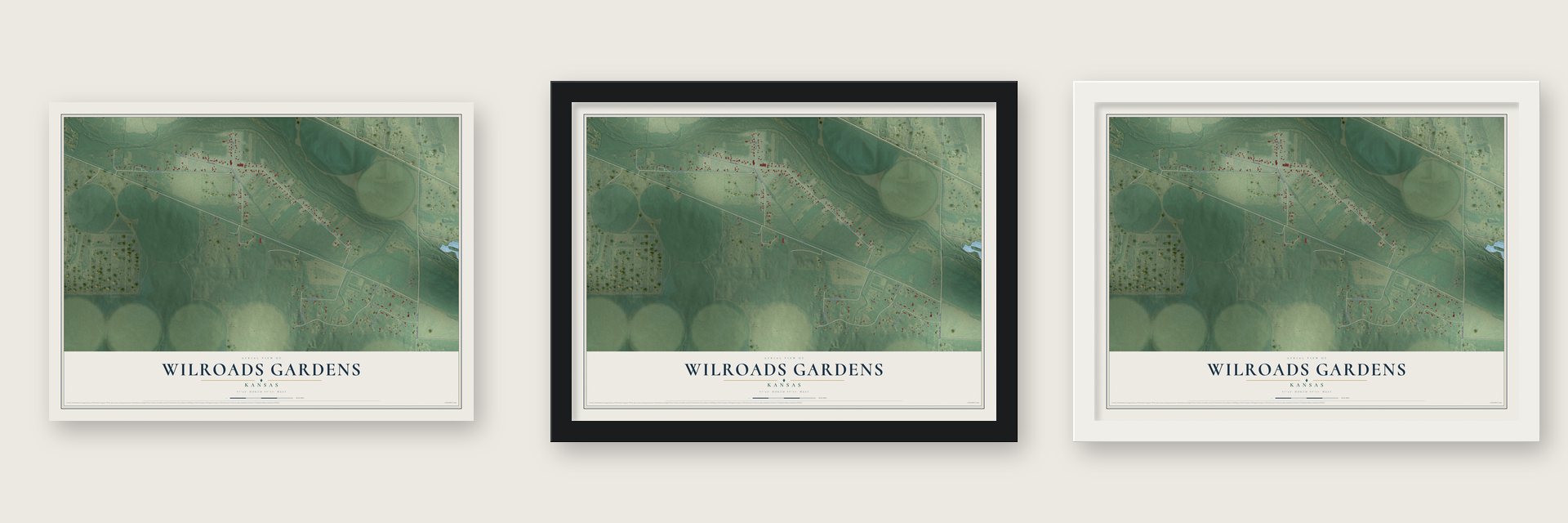 Wilroads Gardens, Kansas map unframed, in a black wood frame and in a white wood frame
