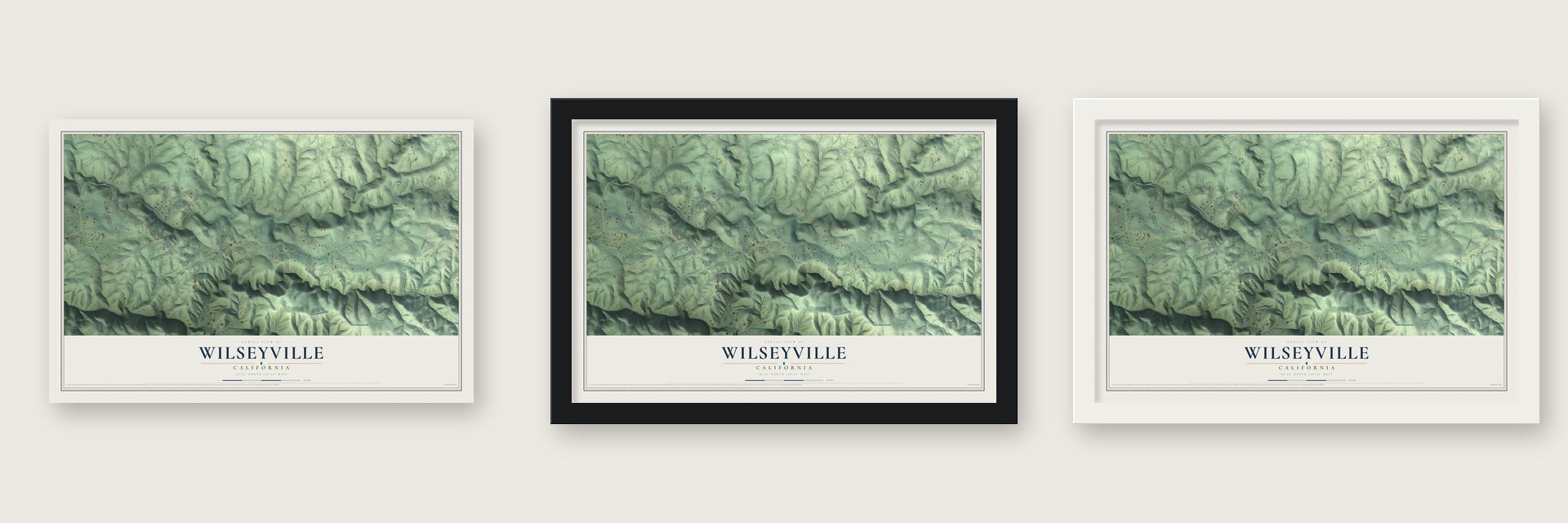 Wilseyville, California map unframed, in a black wood frame and in a white wood frame