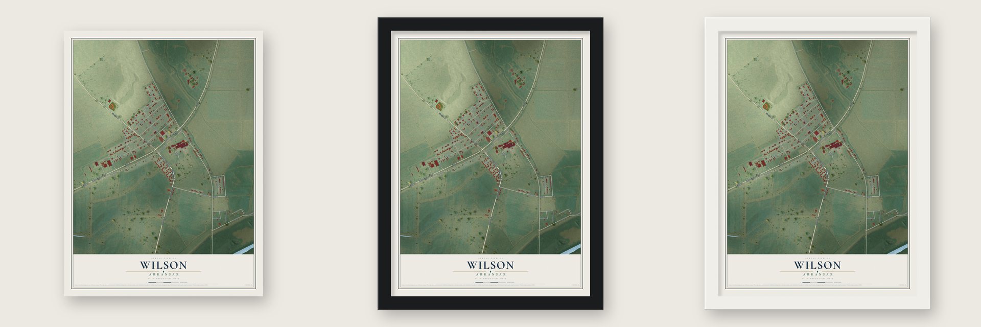 Wilson, Arkansas map unframed, in a black wood frame and in a white wood frame