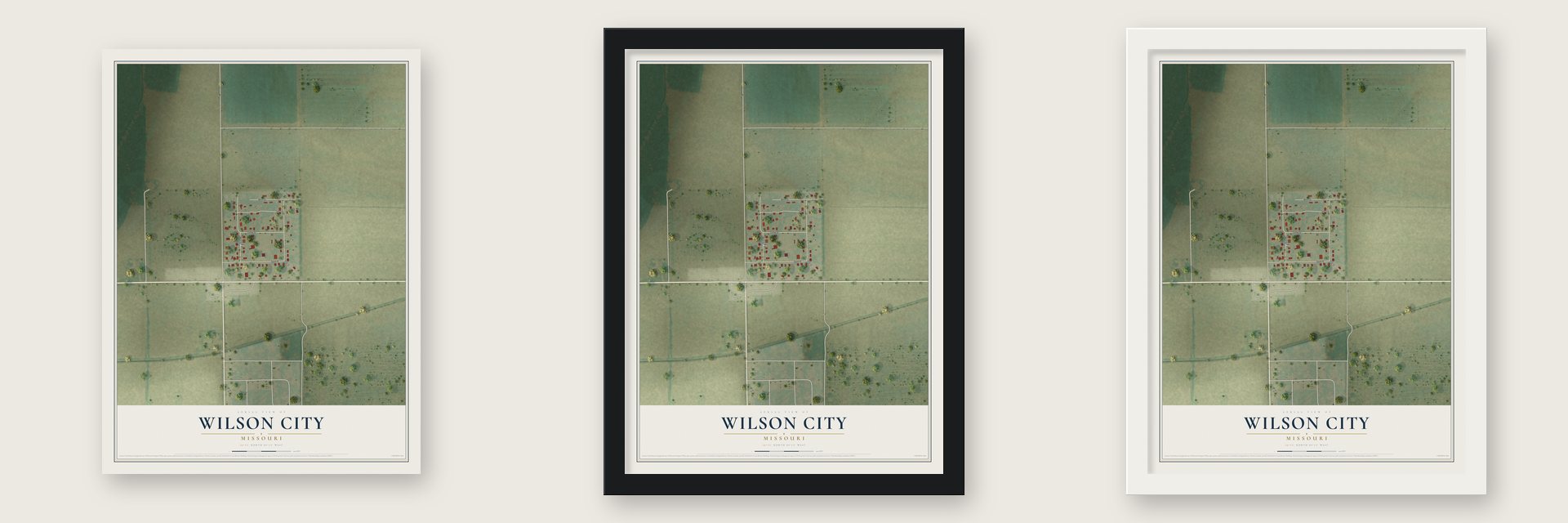 Wilson City, Missouri map unframed, in a black wood frame and in a white wood frame