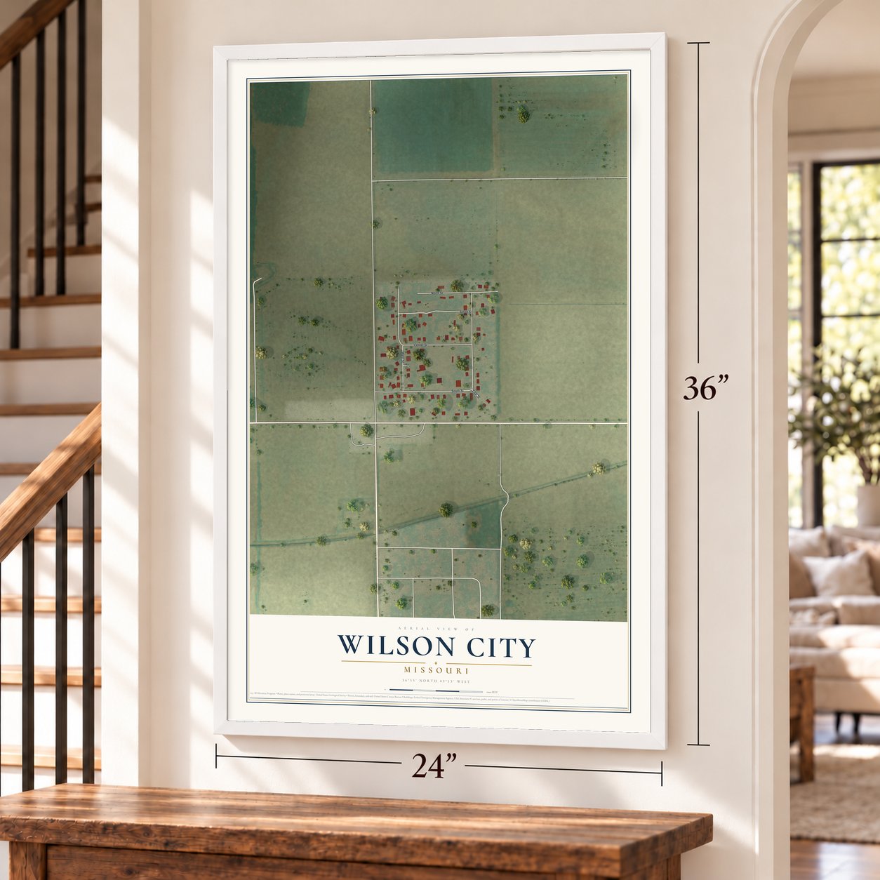 Wilson City, Missouri map, 24 x 36 inch print in a white frame by a staircase