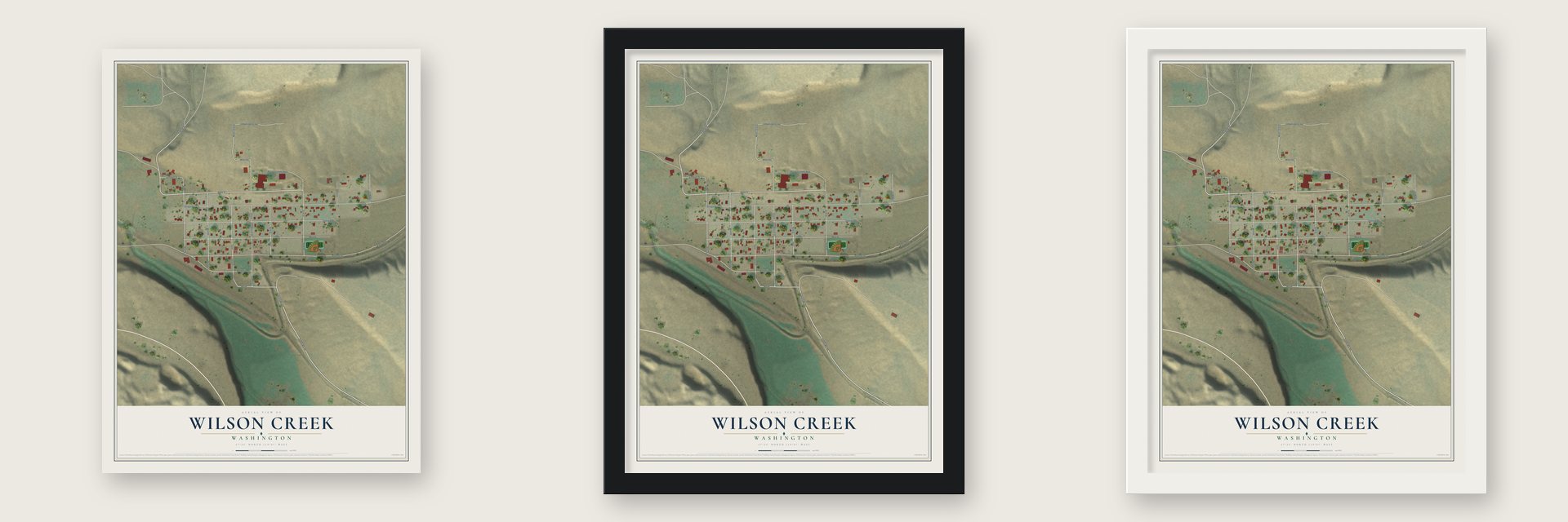 Wilson Creek, Washington map unframed, in a black wood frame and in a white wood frame