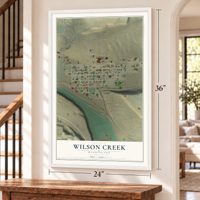 Wilson Creek, Washington map, 24 x 36 inch print in a white frame by a staircase