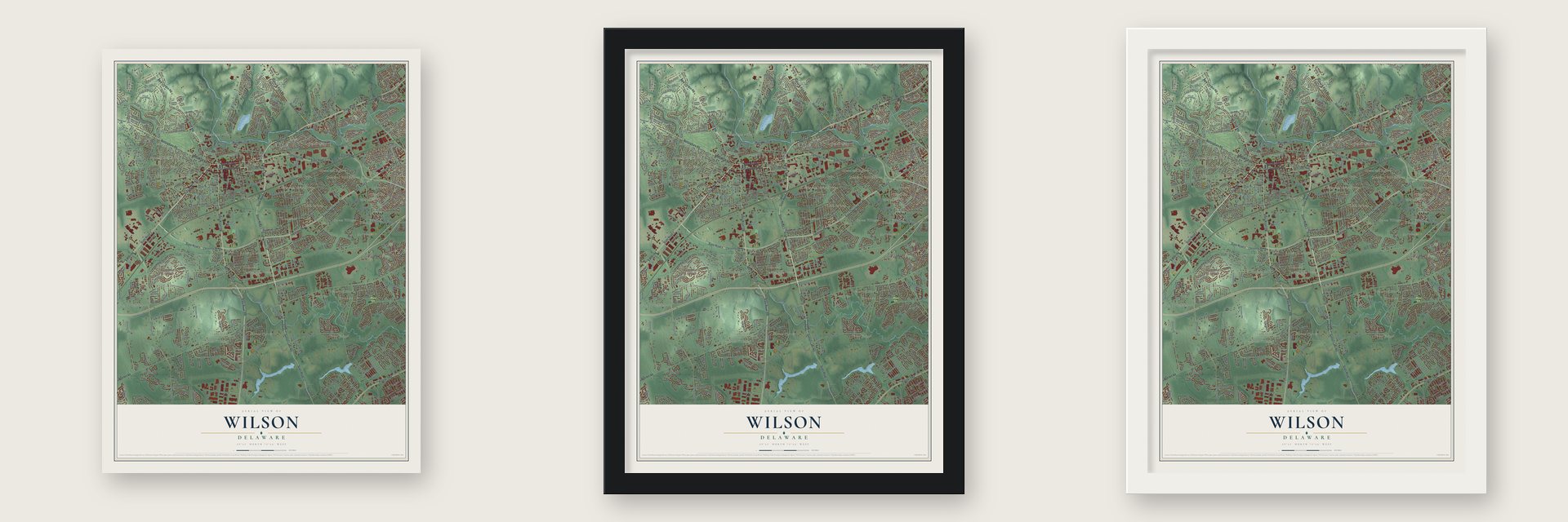 Wilson, Delaware map unframed, in a black wood frame and in a white wood frame