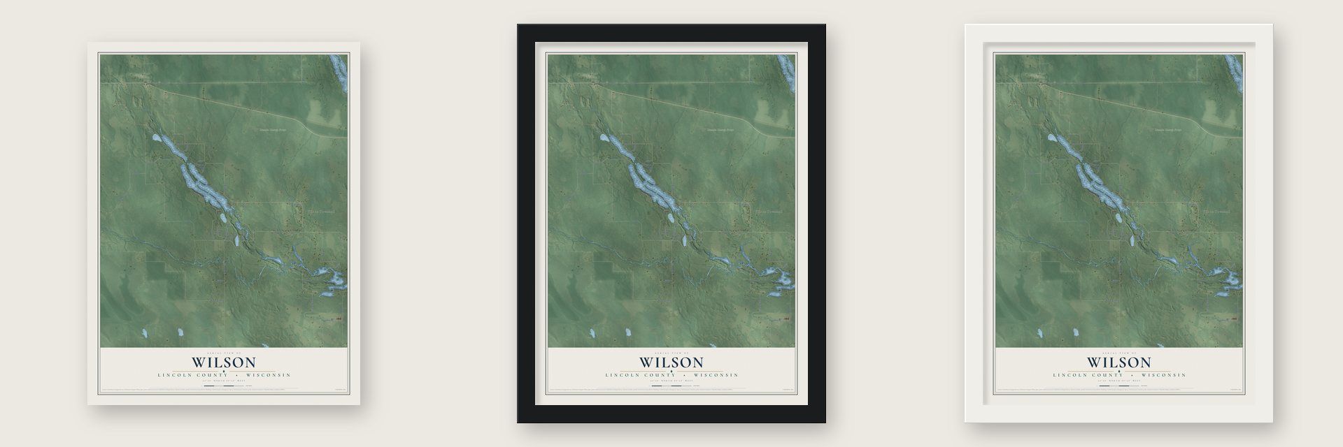 Wilson, Lincoln County, Wisconsin map unframed, in a black wood frame and in a white wood frame