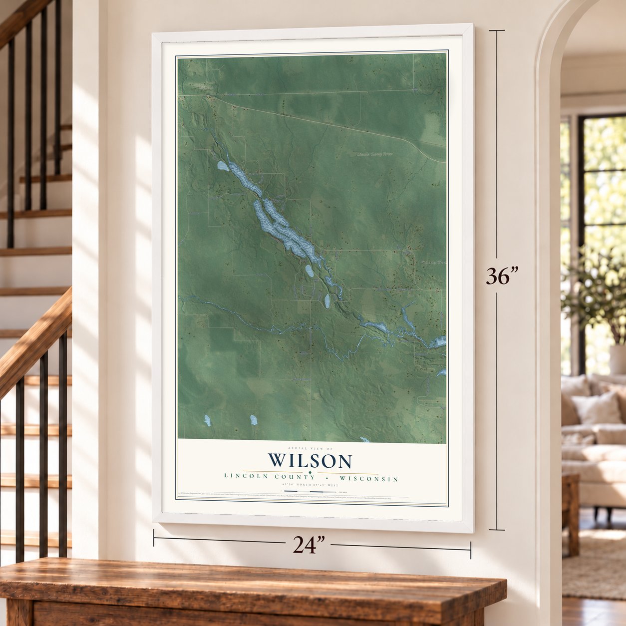 Wilson, Lincoln County, Wisconsin map, 24 x 36 inch print in a white frame by a staircase