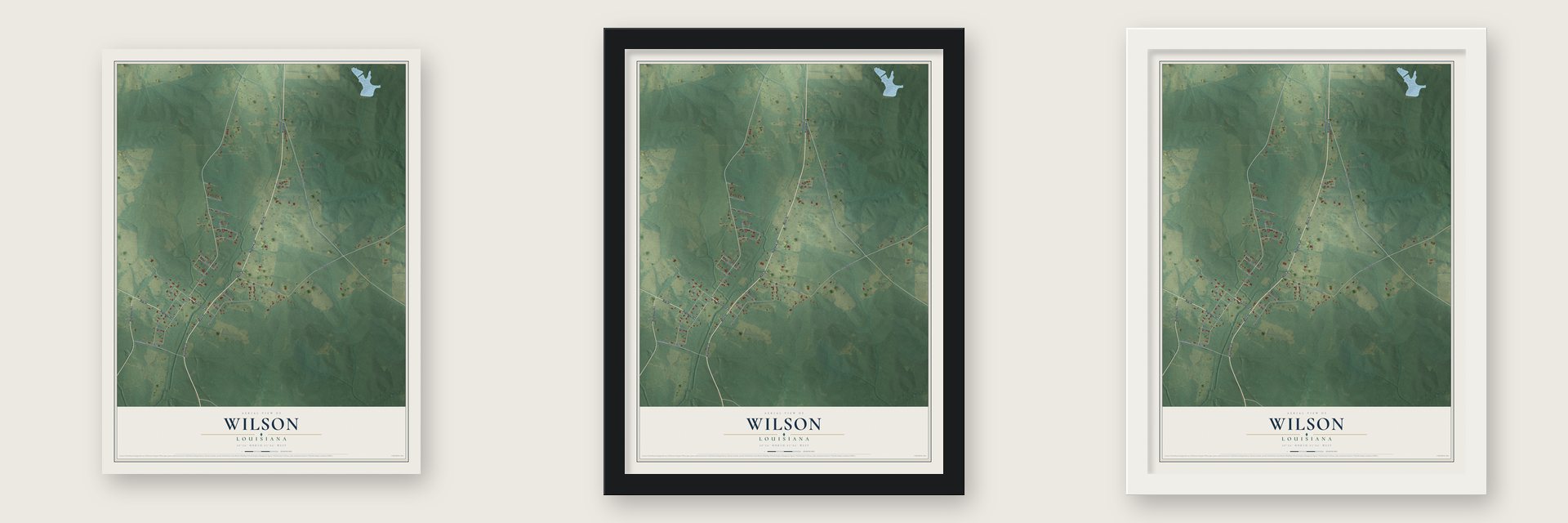 Wilson, Louisiana map unframed, in a black wood frame and in a white wood frame