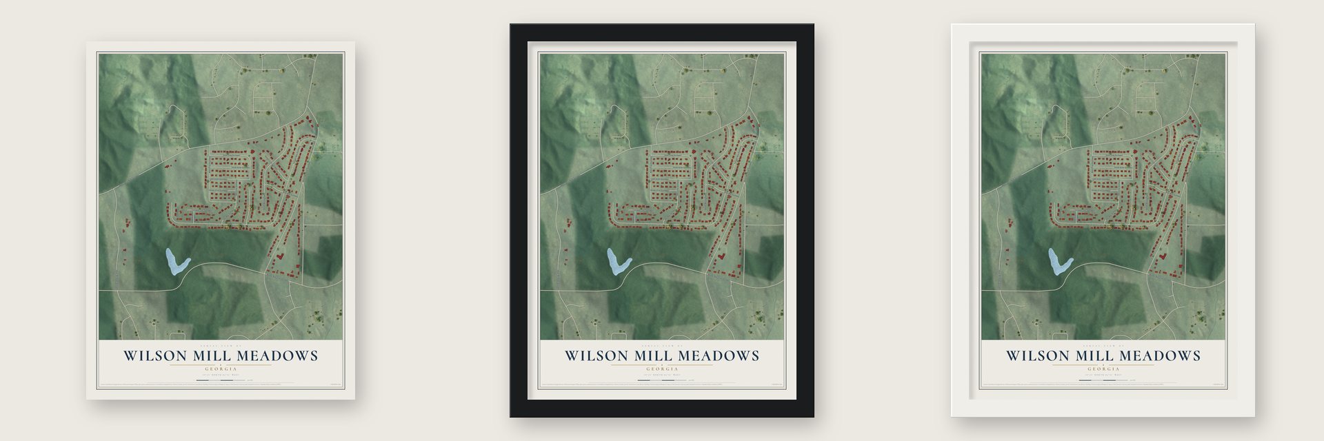 Wilson Mill Meadows, Georgia map unframed, in a black wood frame and in a white wood frame
