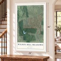 Wilson Mill Meadows, Georgia map, 24 x 36 inch print in a white frame by a staircase