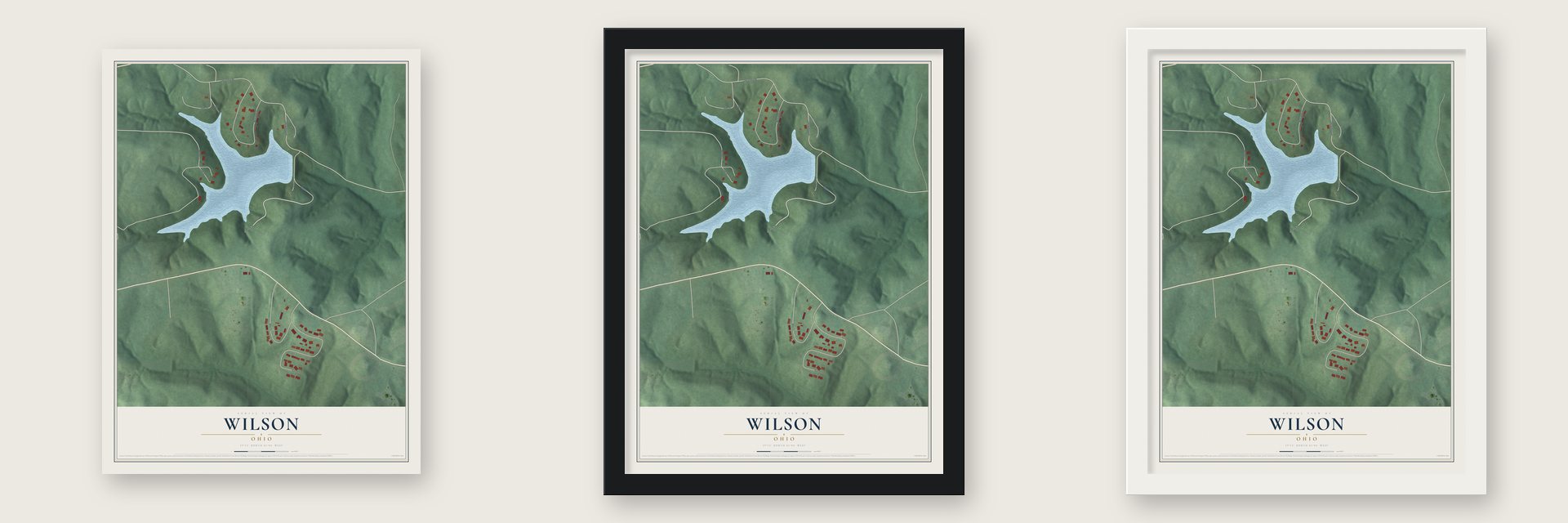 Wilson, Ohio map unframed, in a black wood frame and in a white wood frame