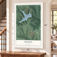 Wilson, Ohio map, 24 x 36 inch print in a white frame by a staircase