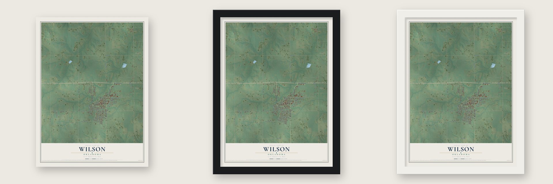 Wilson, Oklahoma map unframed, in a black wood frame and in a white wood frame