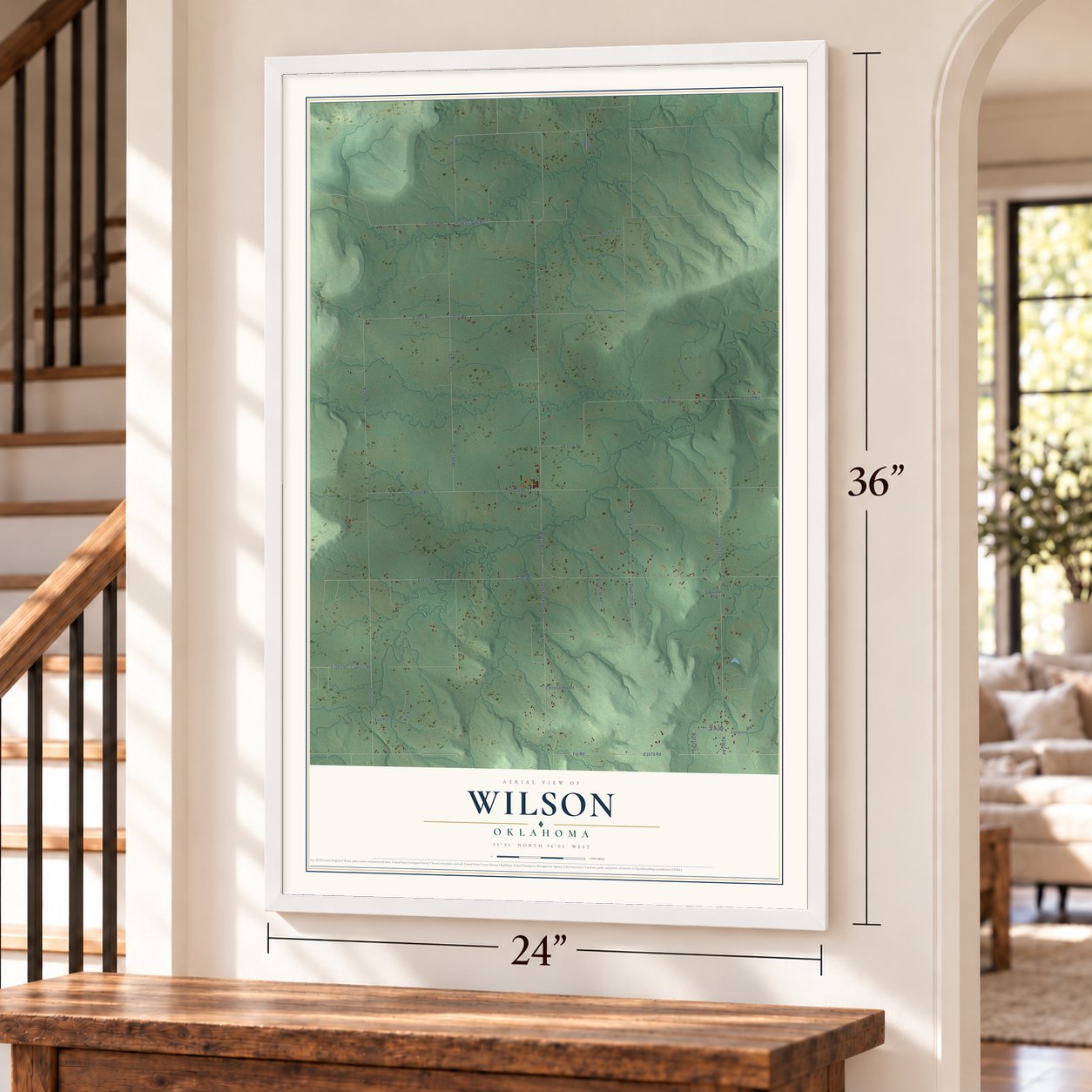 Wilson, Okmulgee County, Oklahoma map, 24 x 36 inch print in a white frame by a staircase