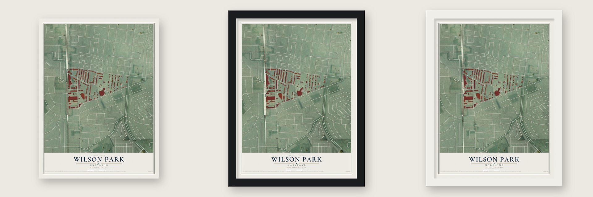 Wilson Park, Maryland map unframed, in a black wood frame and in a white wood frame