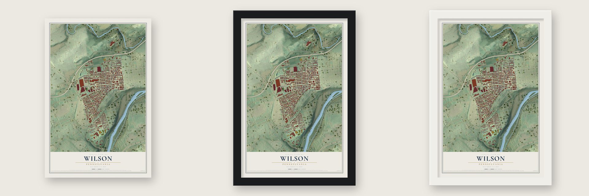 Wilson, Pennsylvania map unframed, in a black wood frame and in a white wood frame