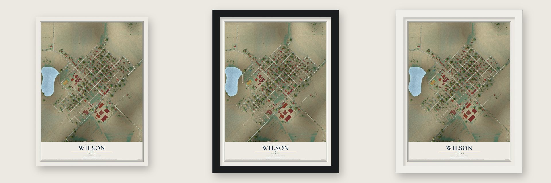 Wilson, Texas map unframed, in a black wood frame and in a white wood frame