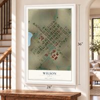 Wilson, Texas map, 24 x 36 inch print in a white frame by a staircase