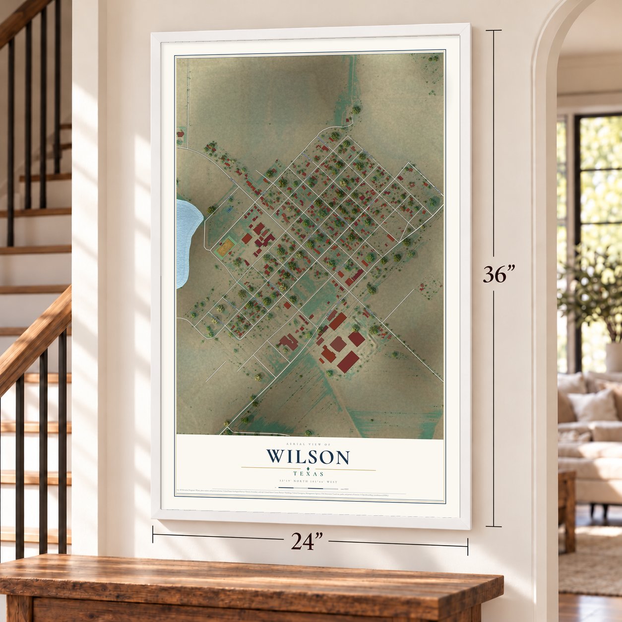 Wilson, Texas map, 24 x 36 inch print in a white frame by a staircase