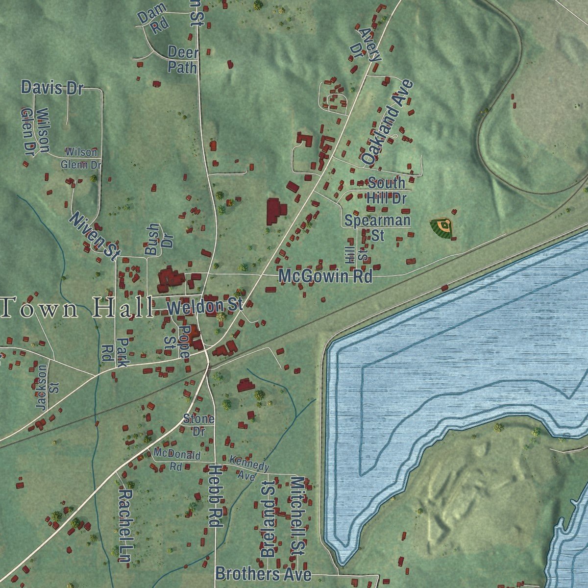 Second close-up of the map of Wilsonville, Alabama print showing more streets and buildings