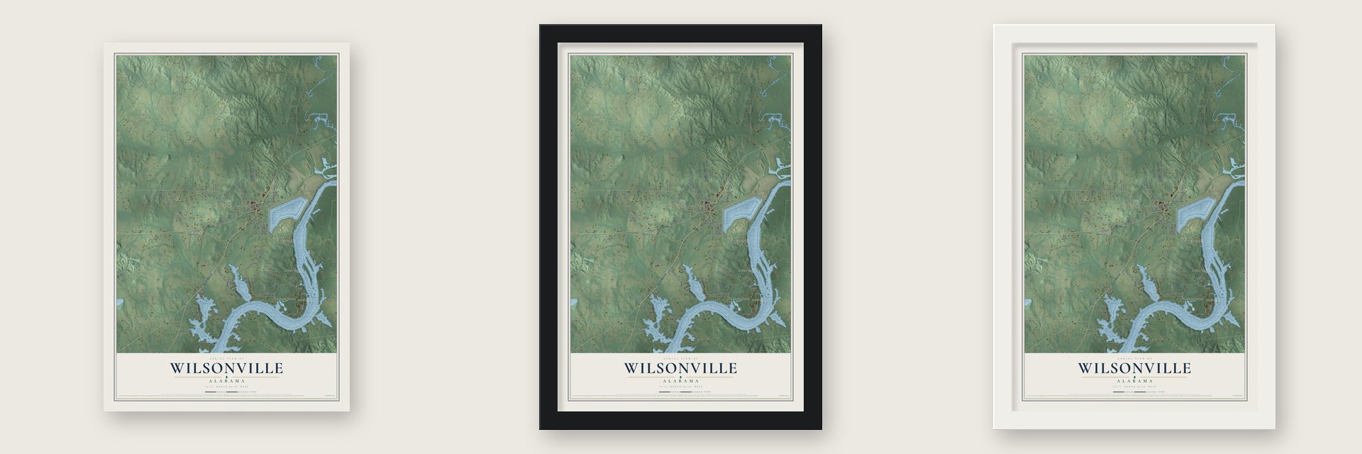 Wilsonville, Alabama map unframed, in a black wood frame and in a white wood frame