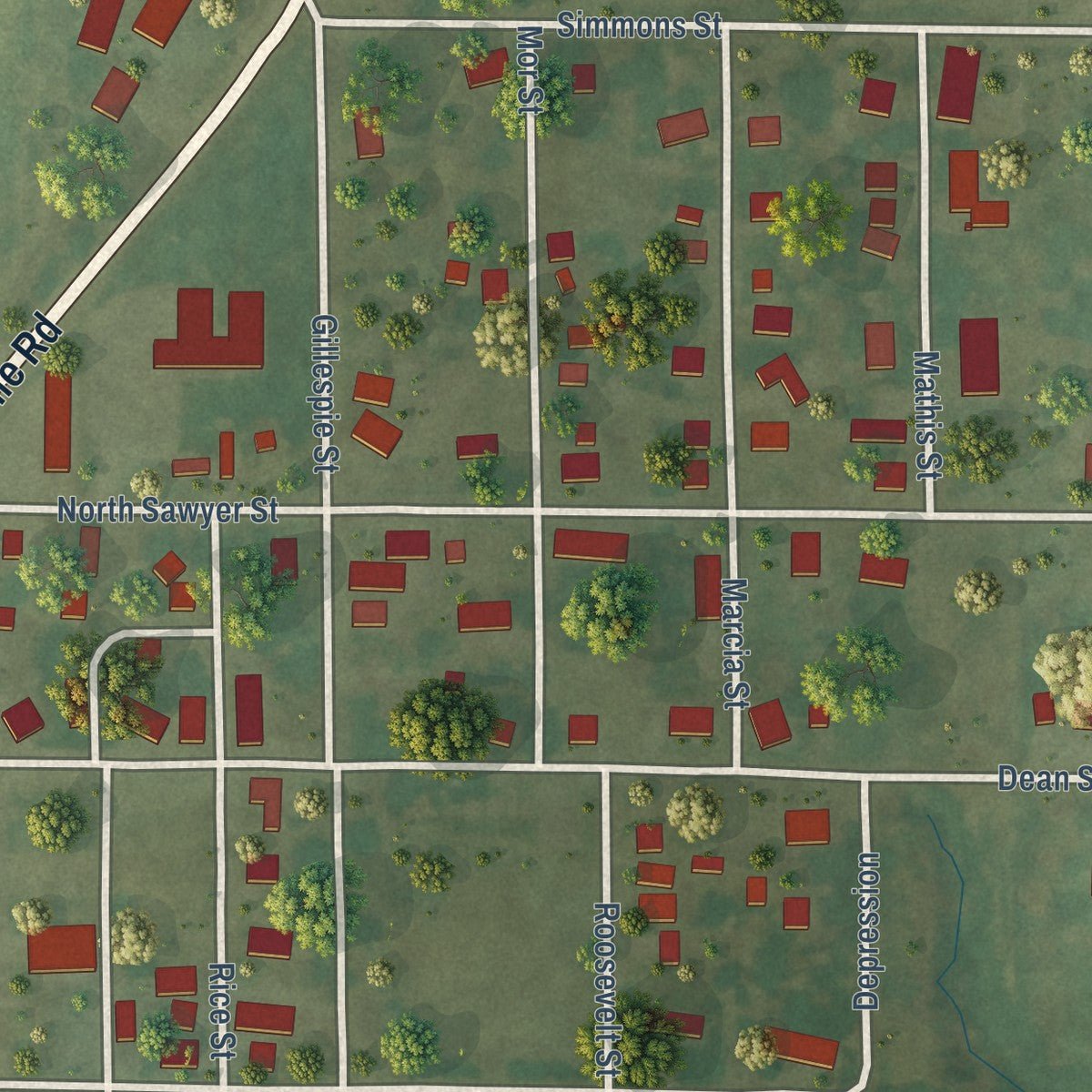 Second close-up of the map of Wilsonville, Illinois print showing more streets and buildings