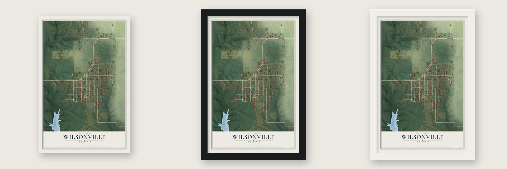 Wilsonville, Illinois map unframed, in a black wood frame and in a white wood frame