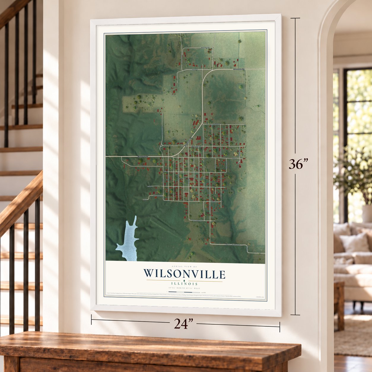 Wilsonville, Illinois map, 24 x 36 inch print in a white frame by a staircase