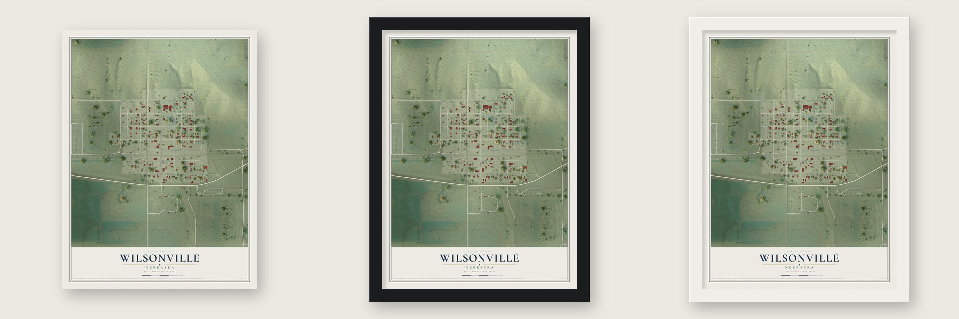 Wilsonville, Nebraska map unframed, in a black wood frame and in a white wood frame