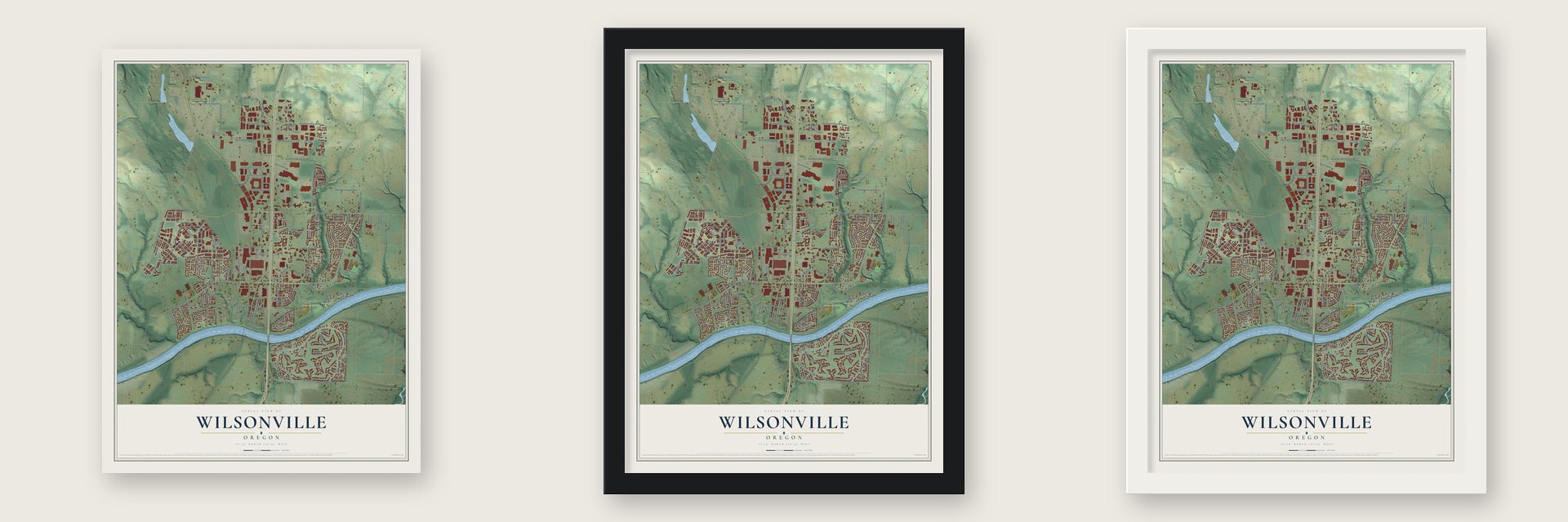 Wilsonville, Oregon map unframed, in a black wood frame and in a white wood frame