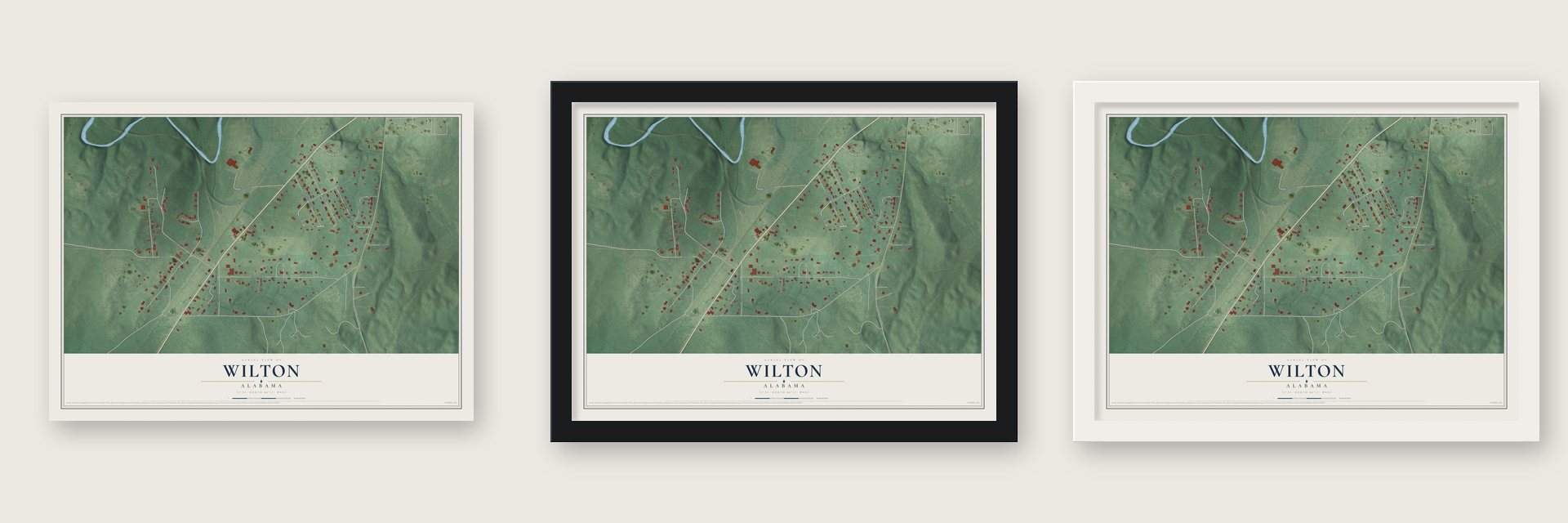 Wilton, Alabama map unframed, in a black wood frame and in a white wood frame