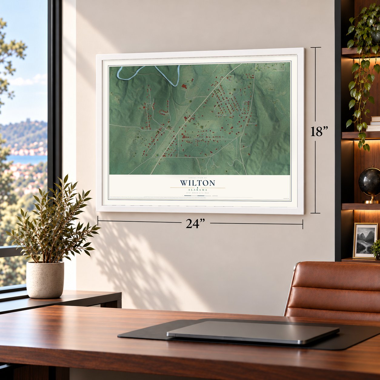 Wilton, Alabama map, 18 x 24 inch print in a white frame in a home office