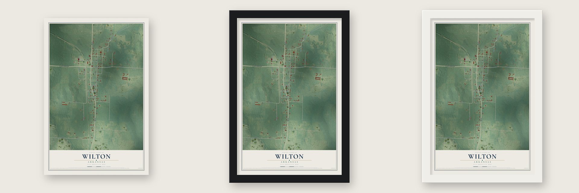 Wilton, Arkansas map unframed, in a black wood frame and in a white wood frame