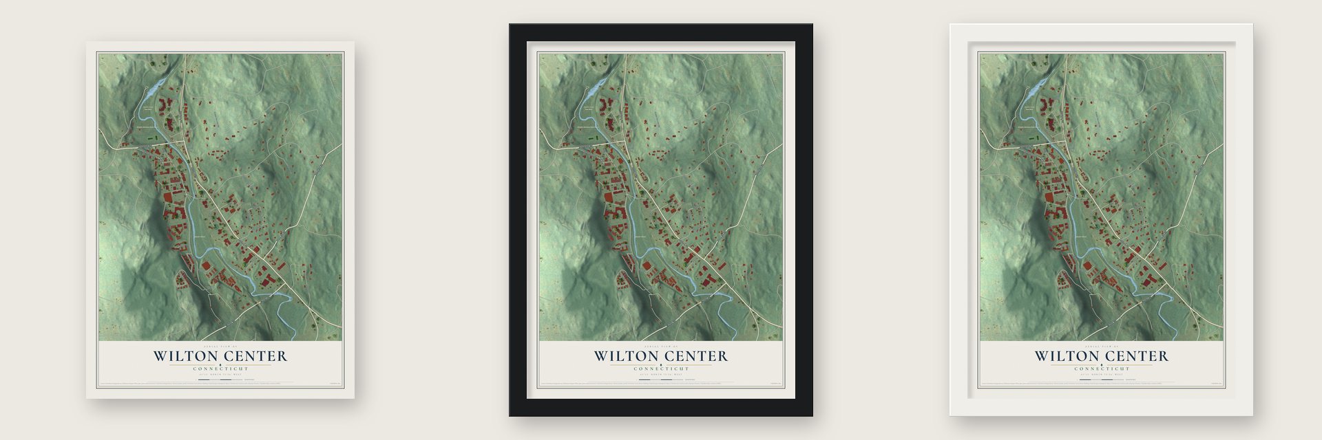 Wilton Center, Connecticut map unframed, in a black wood frame and in a white wood frame