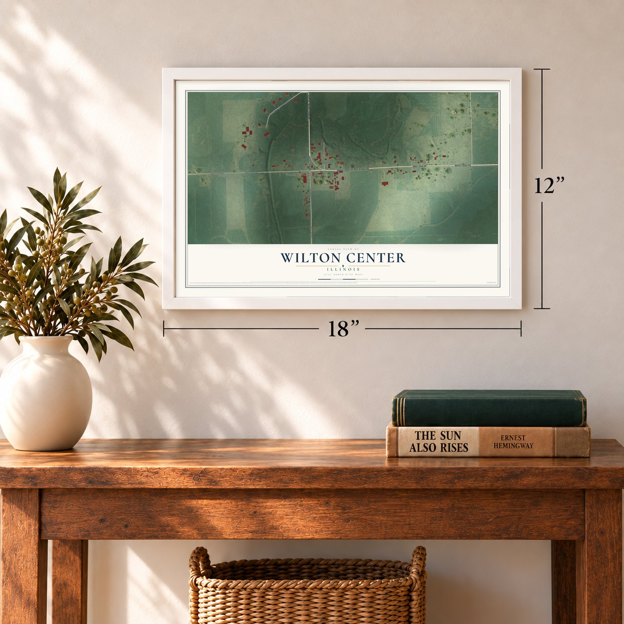 Wilton Center, Illinois map, 12 x 18 inch print in a white frame in an entryway