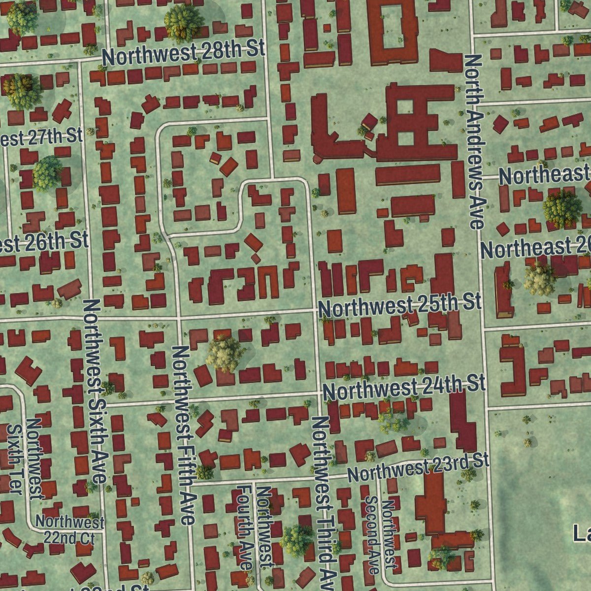 Second close-up of the map of Wilton Manors, Florida print showing more streets and buildings