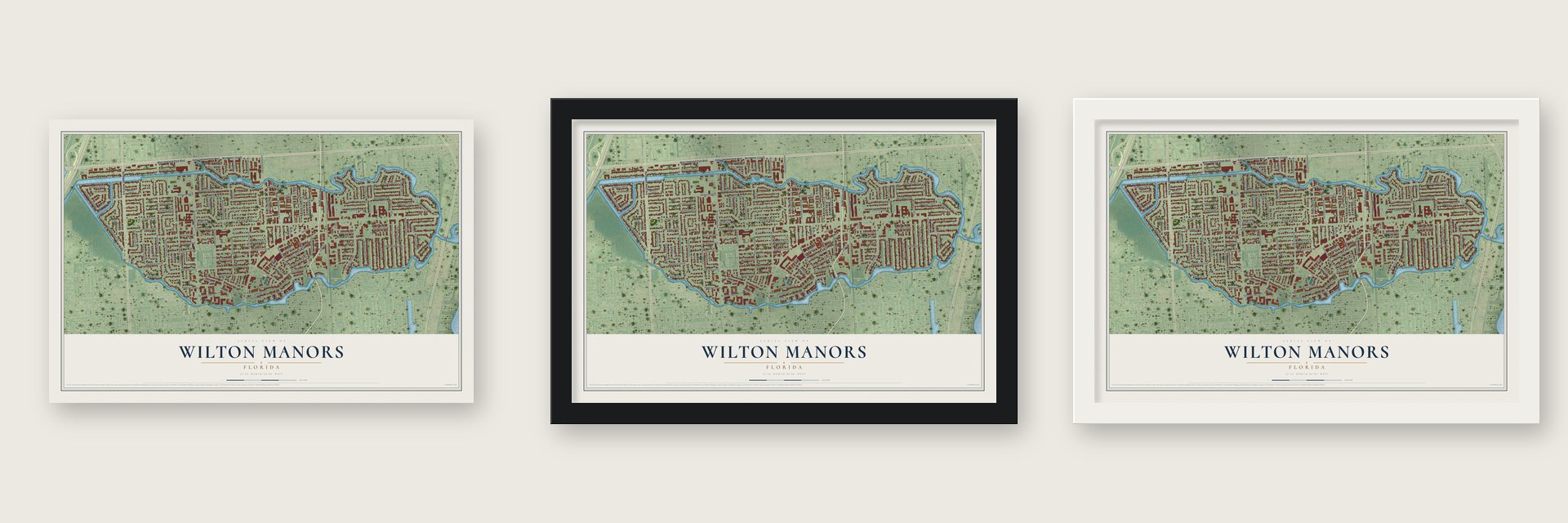 Wilton Manors, Florida map unframed, in a black wood frame and in a white wood frame