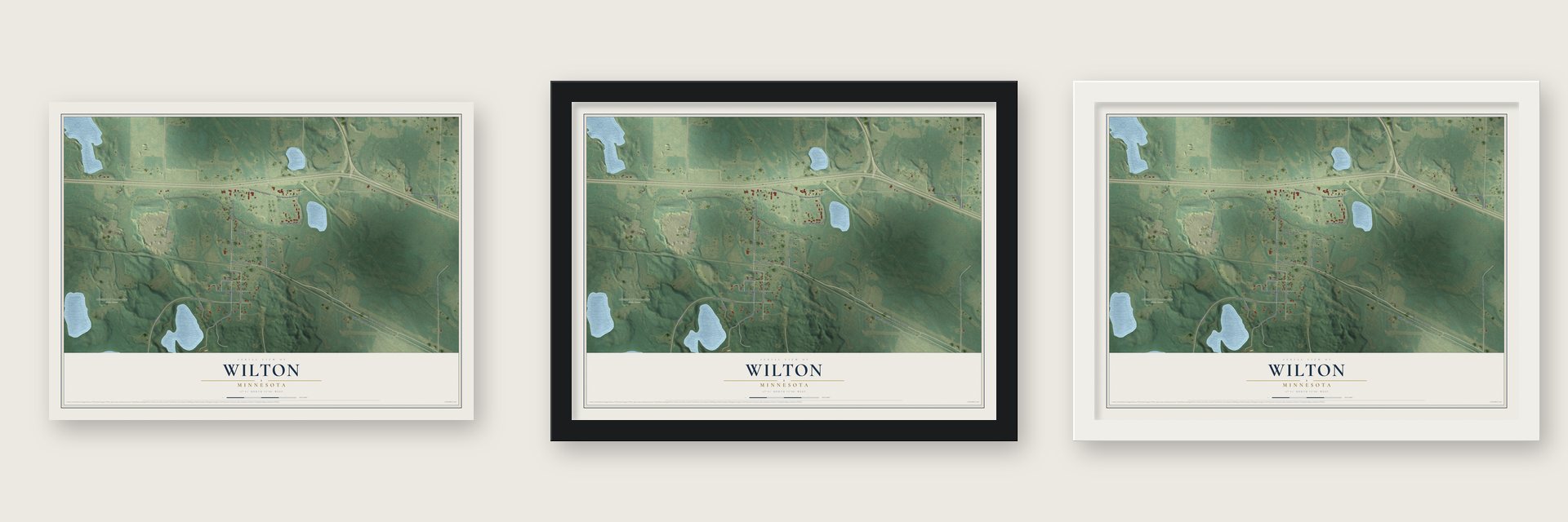 Wilton, Minnesota map unframed, in a black wood frame and in a white wood frame