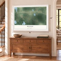 Wilton, Minnesota map, 24 x 36 inch print in a white frame above a dresser by a staircase