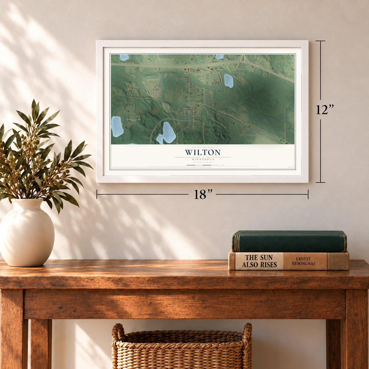 Wilton, Minnesota map, 12 x 18 inch print in a white frame in an entryway