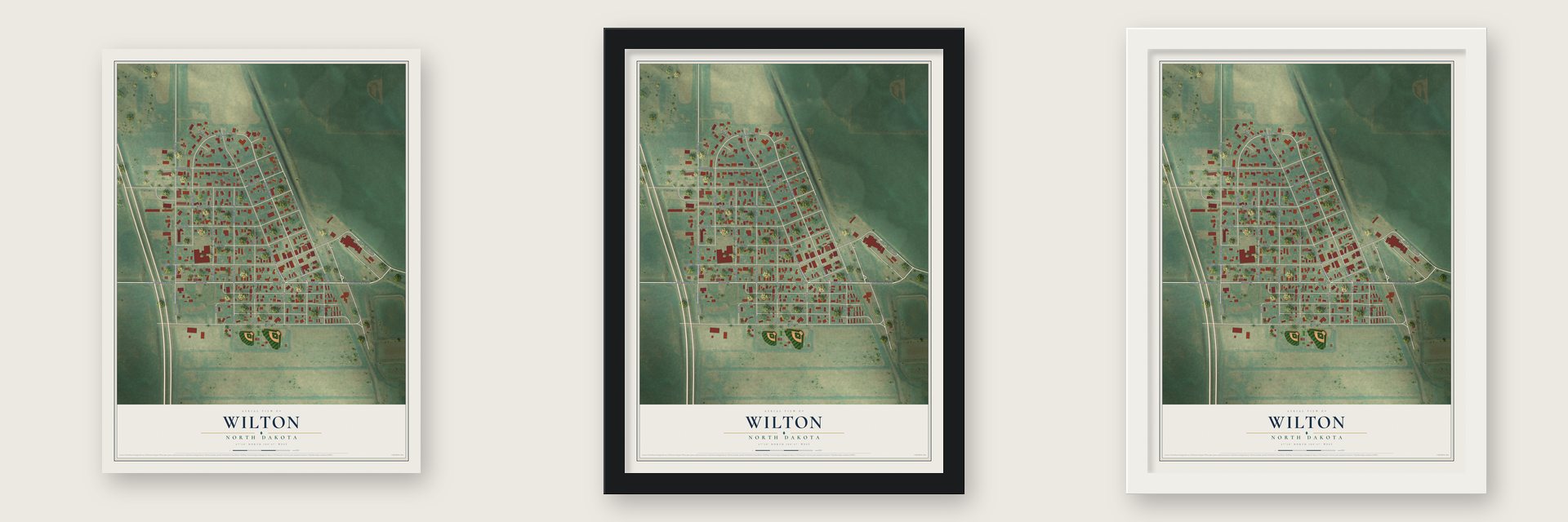 Wilton, North Dakota map unframed, in a black wood frame and in a white wood frame