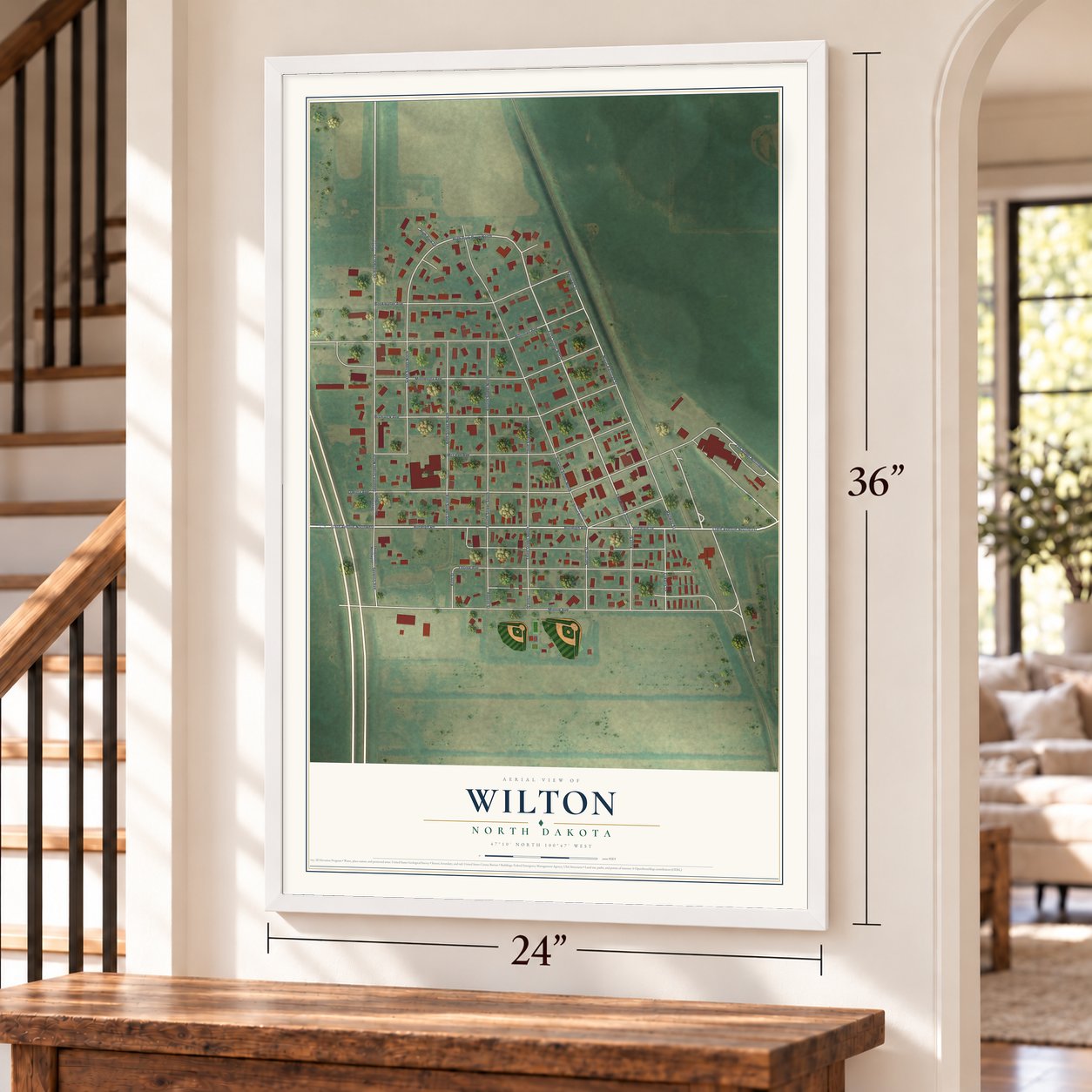 Wilton, North Dakota map, 24 x 36 inch print in a white frame by a staircase