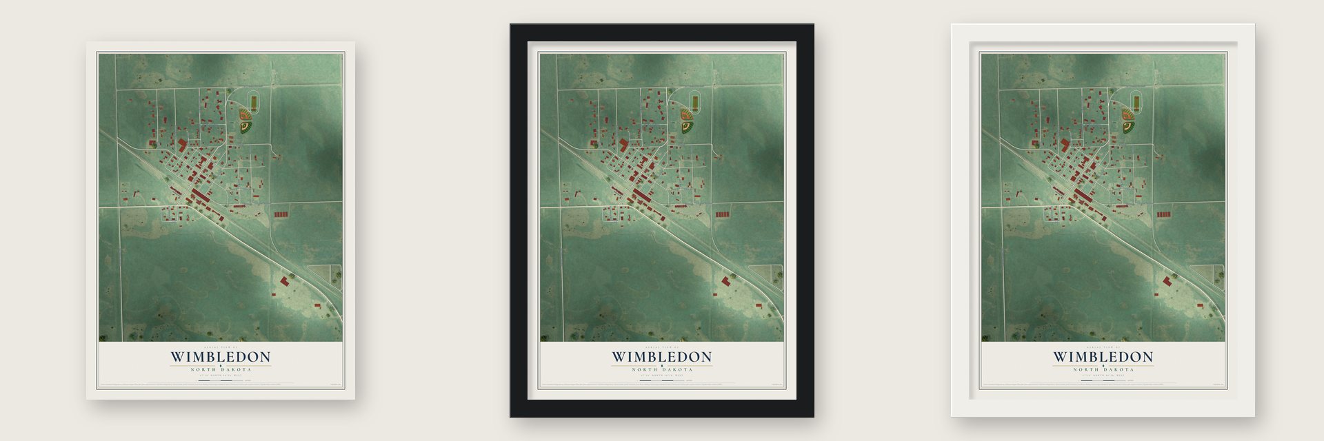 Wimbledon, North Dakota map unframed, in a black wood frame and in a white wood frame