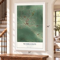 Wimbledon, North Dakota map, 24 x 36 inch print in a white frame by a staircase