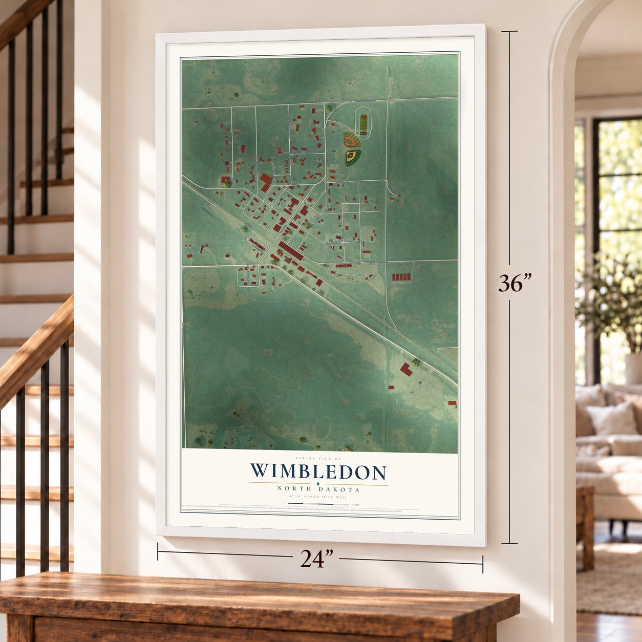 Wimbledon, North Dakota map, 24 x 36 inch print in a white frame by a staircase
