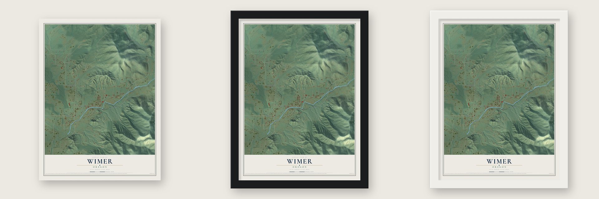 Wimer, Oregon map unframed, in a black wood frame and in a white wood frame