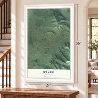 Wimer, Oregon map, 24 x 36 inch print in a white frame by a staircase