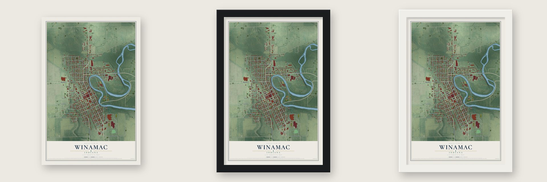 Winamac, Indiana map unframed, in a black wood frame and in a white wood frame