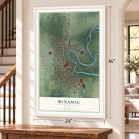 Winamac, Indiana map, 24 x 36 inch print in a white frame by a staircase