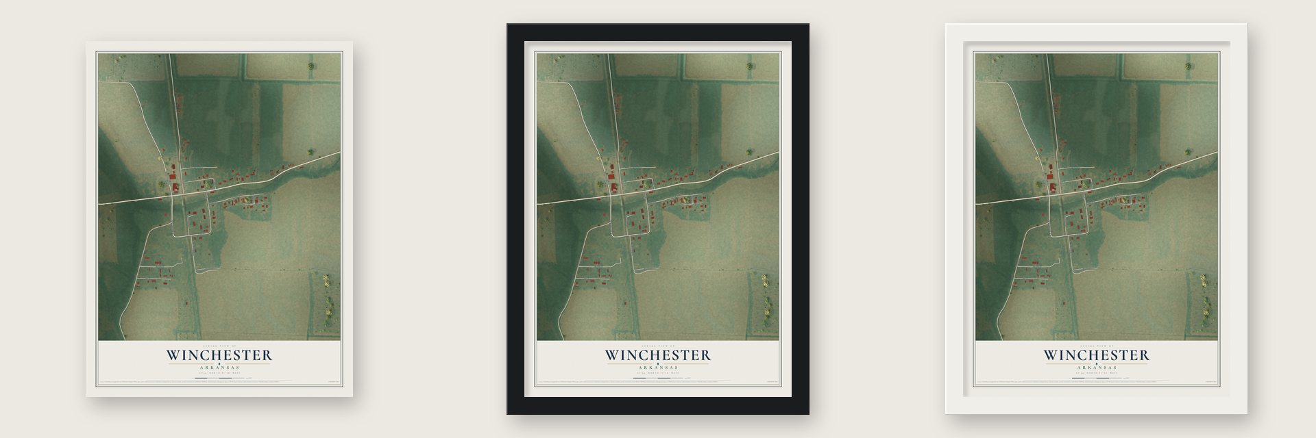 Winchester, Arkansas map unframed, in a black wood frame and in a white wood frame